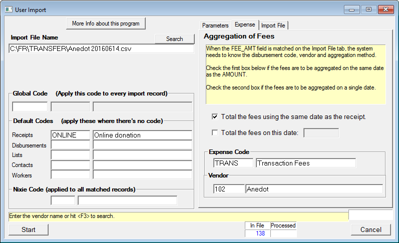 Import the fee amounts into disbursements.